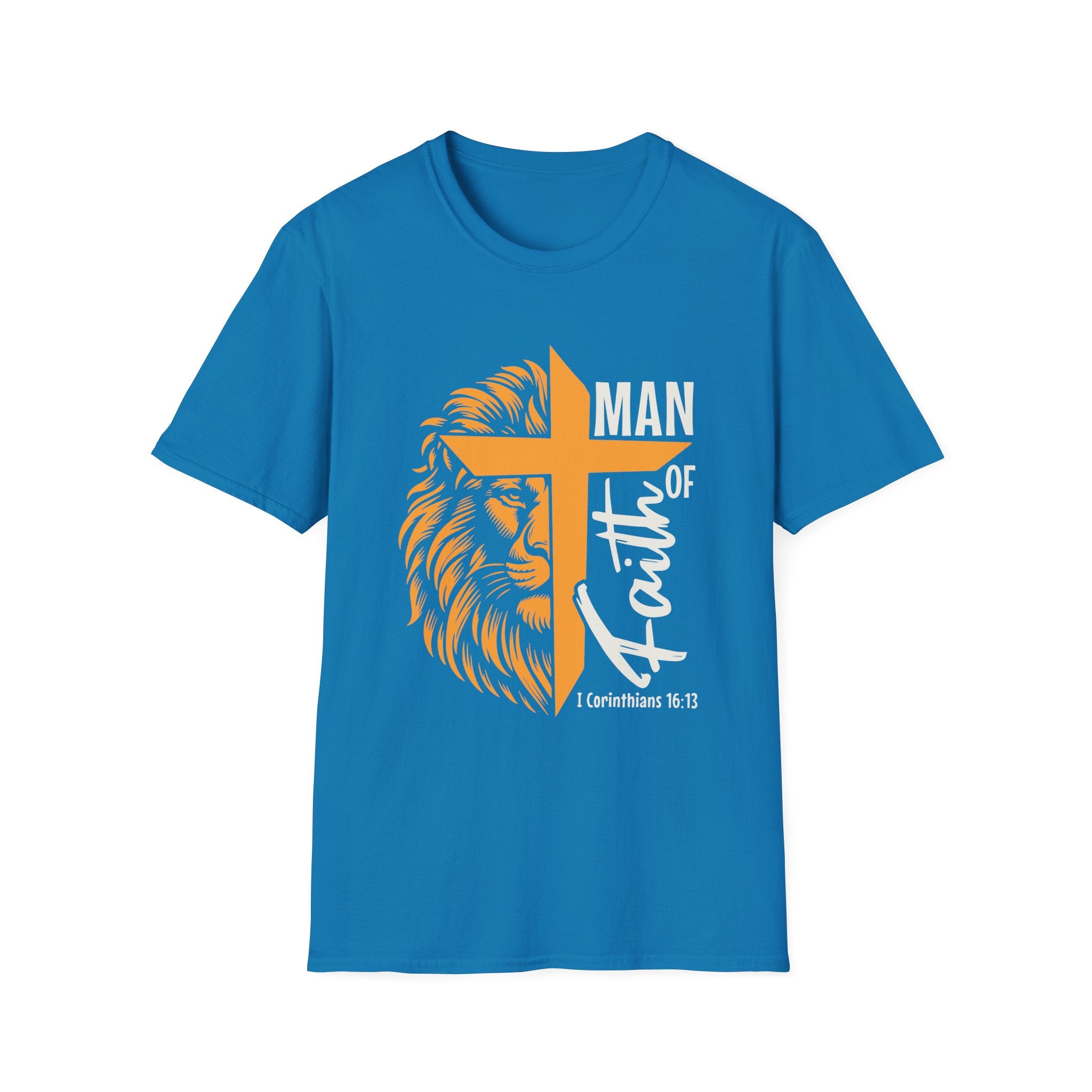 Man of Faith T-Shirt — Lion & Cross Christian Tee (1 Corinthians 16:13)