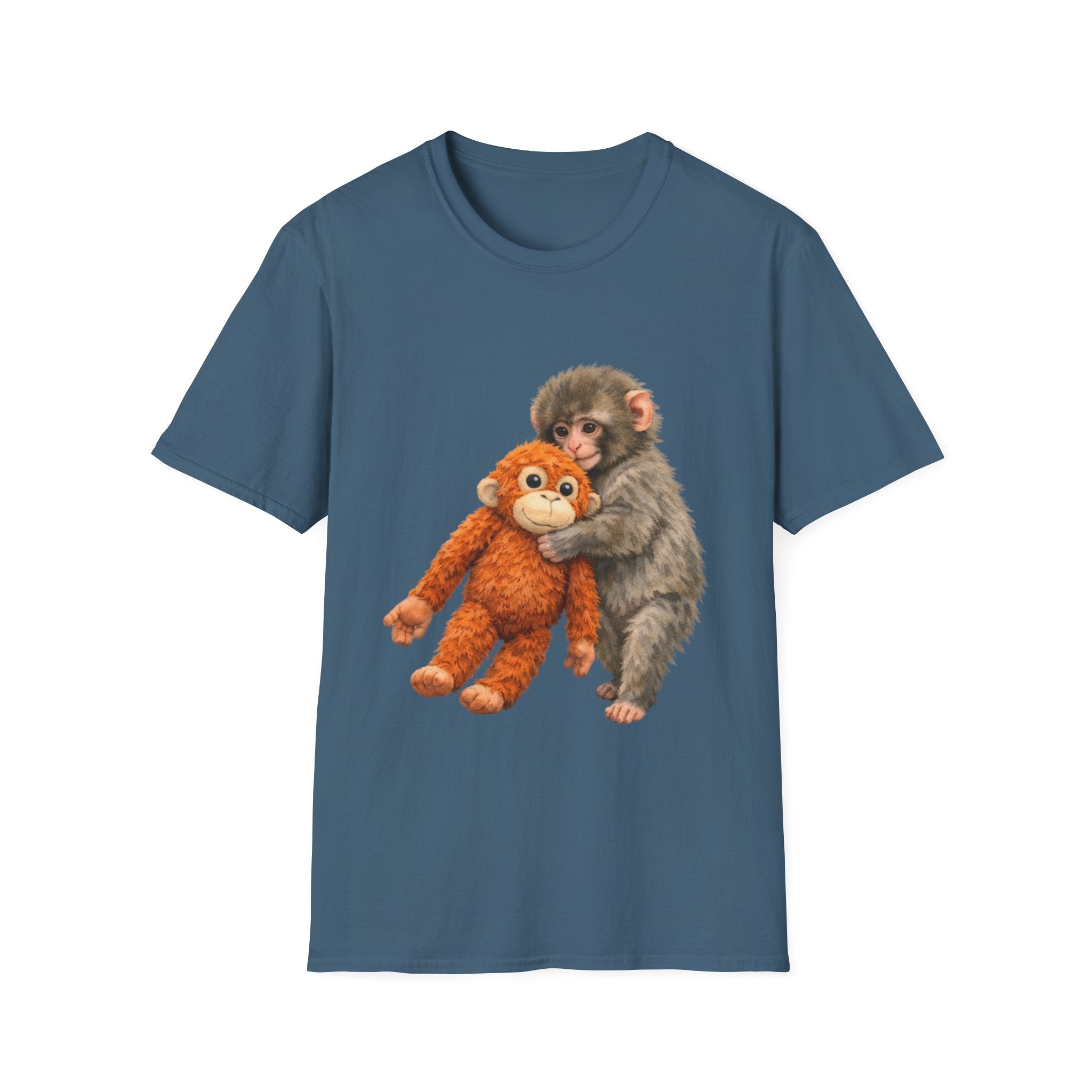 Chimpanzee with Stuffed Monkey T‑Shirt — Cute Baby Ape Holding Plush Tee