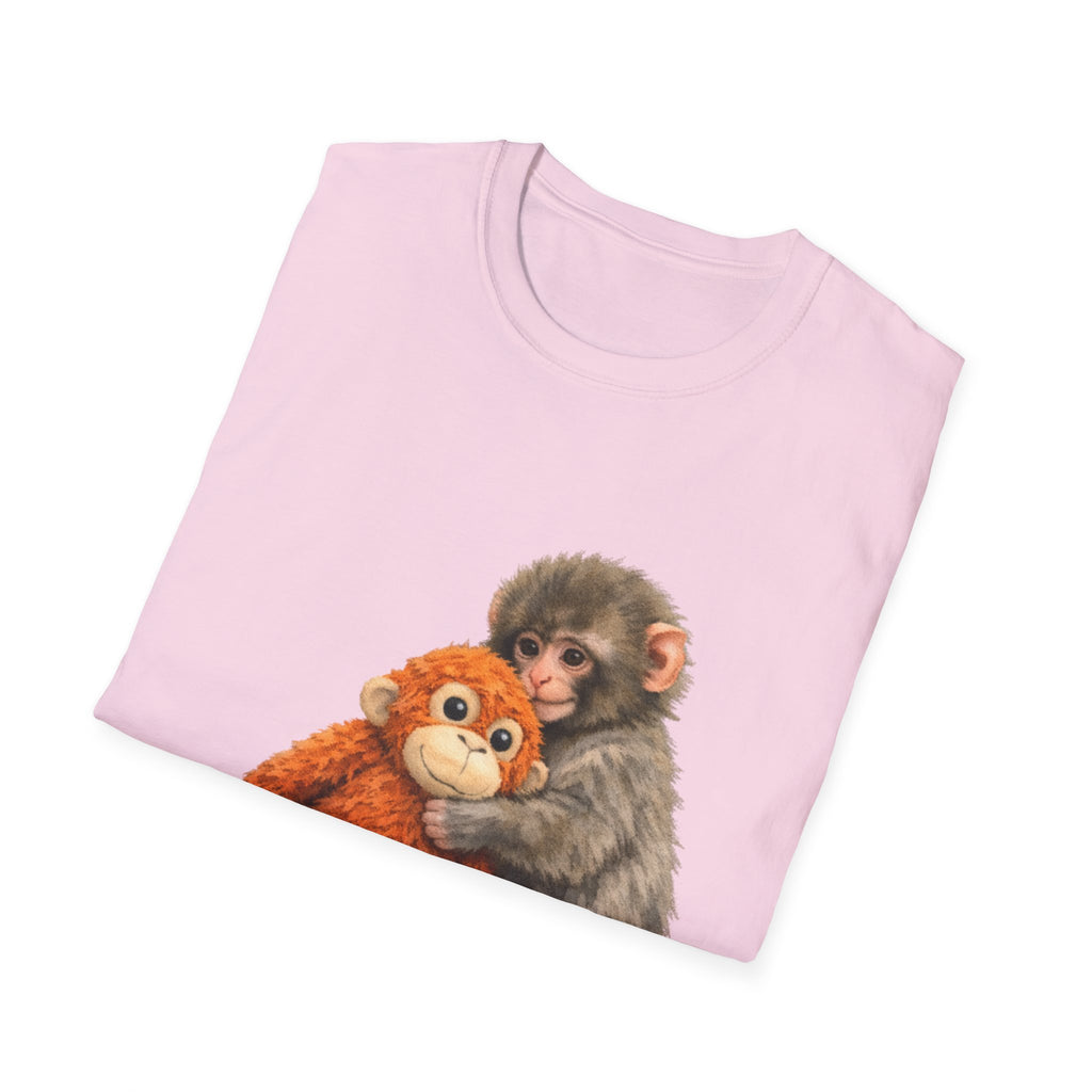 Chimpanzee with Stuffed Monkey T‑Shirt — Cute Baby Ape Holding Plush Tee