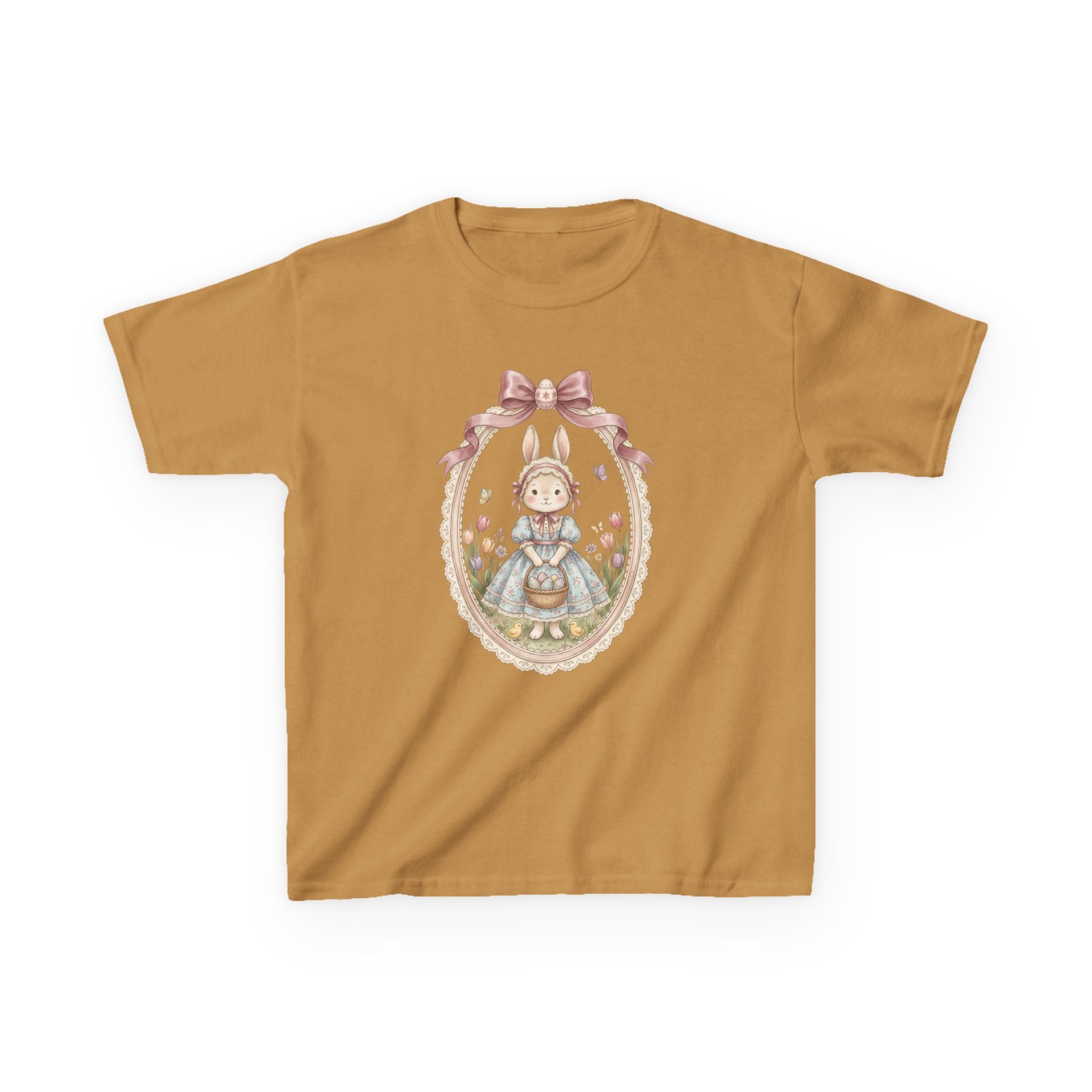 Kids T-Shirt — Vintage Bunny Girl Oval Portrait Tee (Pastel Floral, Bow Accent)
