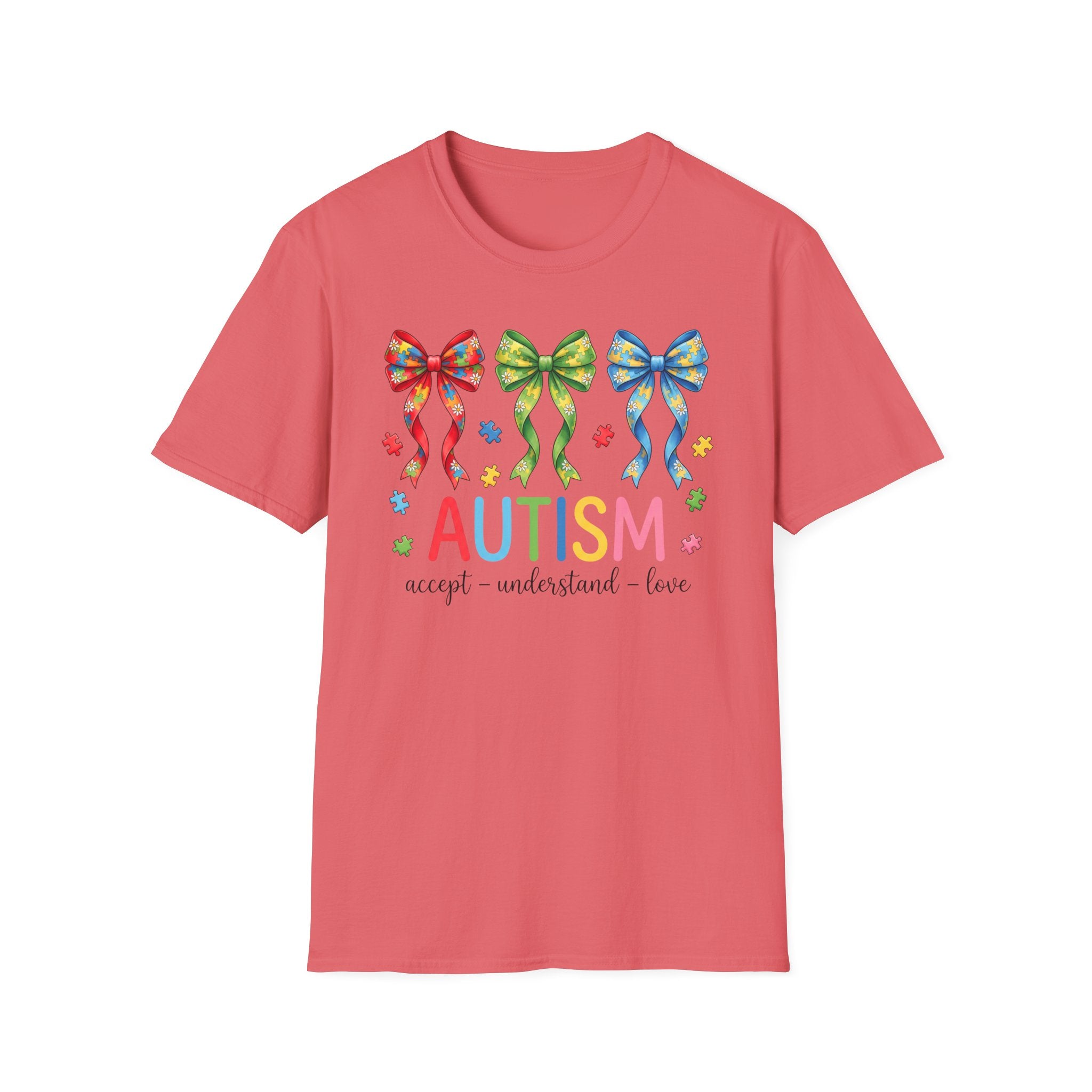 Autism Awareness T-Shirt — "Autism: Accept • Understand • Love" with Colorful Ribbon Bows