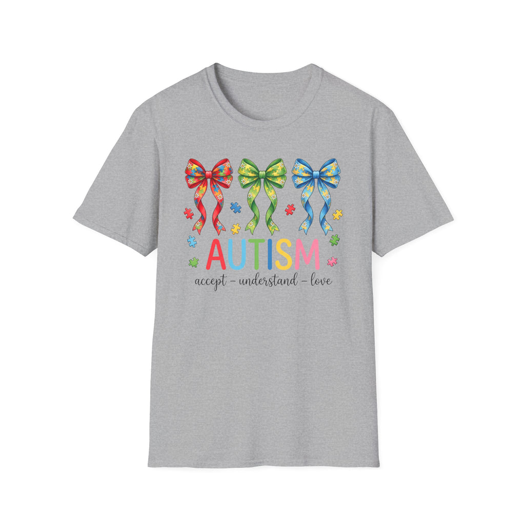 Autism Awareness T-Shirt — "Autism: Accept • Understand • Love" with Colorful Ribbon Bows