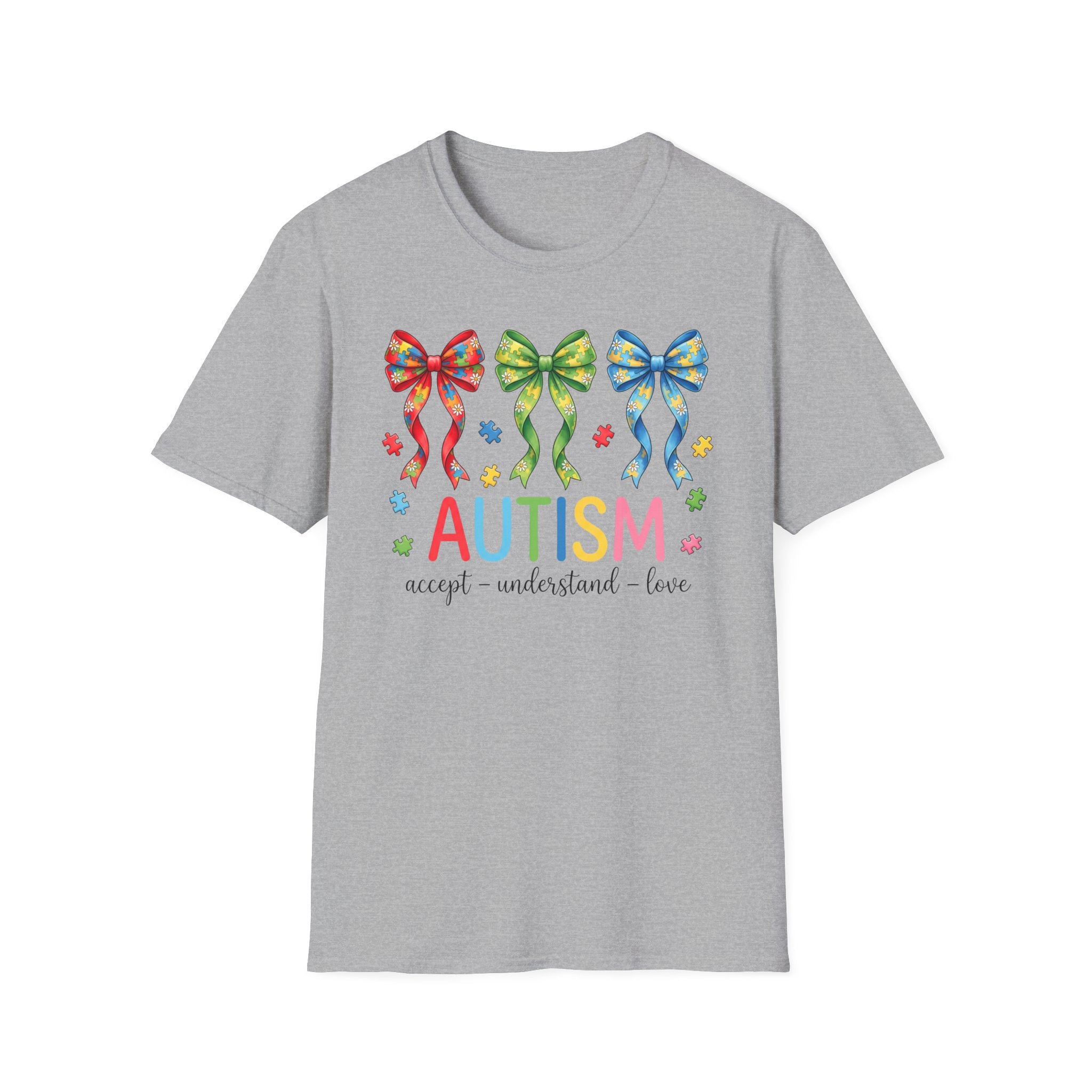 Autism Awareness T-Shirt — "Autism: Accept • Understand • Love" with Colorful Ribbon Bows