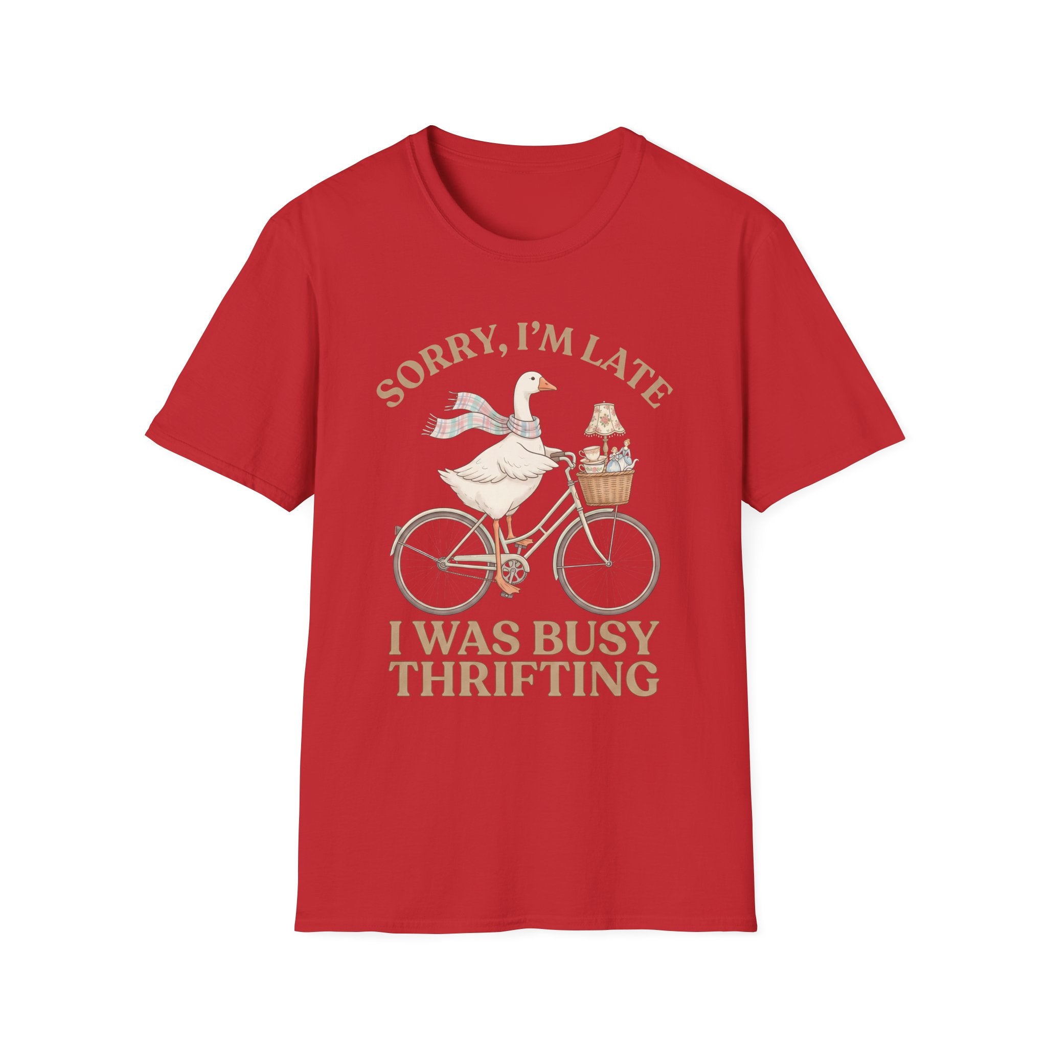 Thrifting Goose T‑Shirt — "Sorry I'm Late I Was Busy Thrifting" Vintage Bike Design