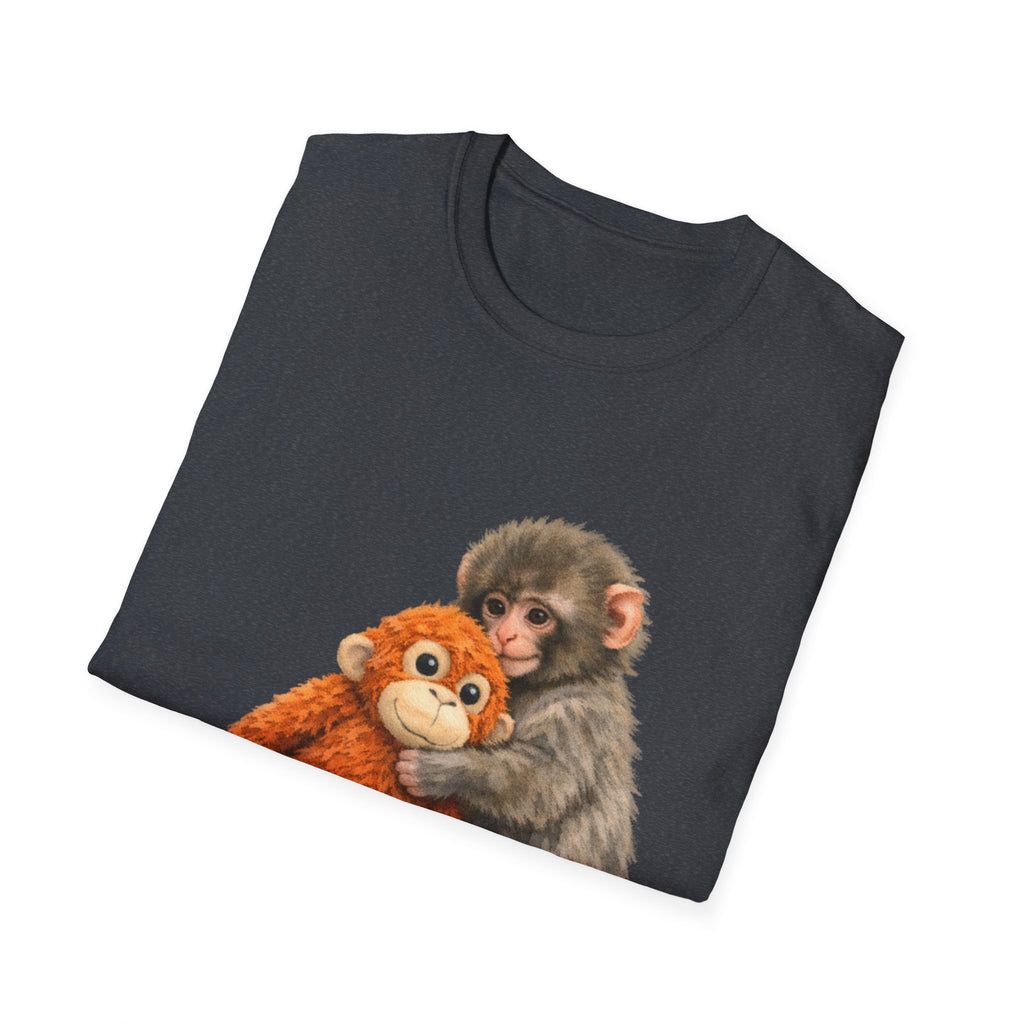 Chimpanzee with Stuffed Monkey T‑Shirt — Cute Baby Ape Holding Plush Tee