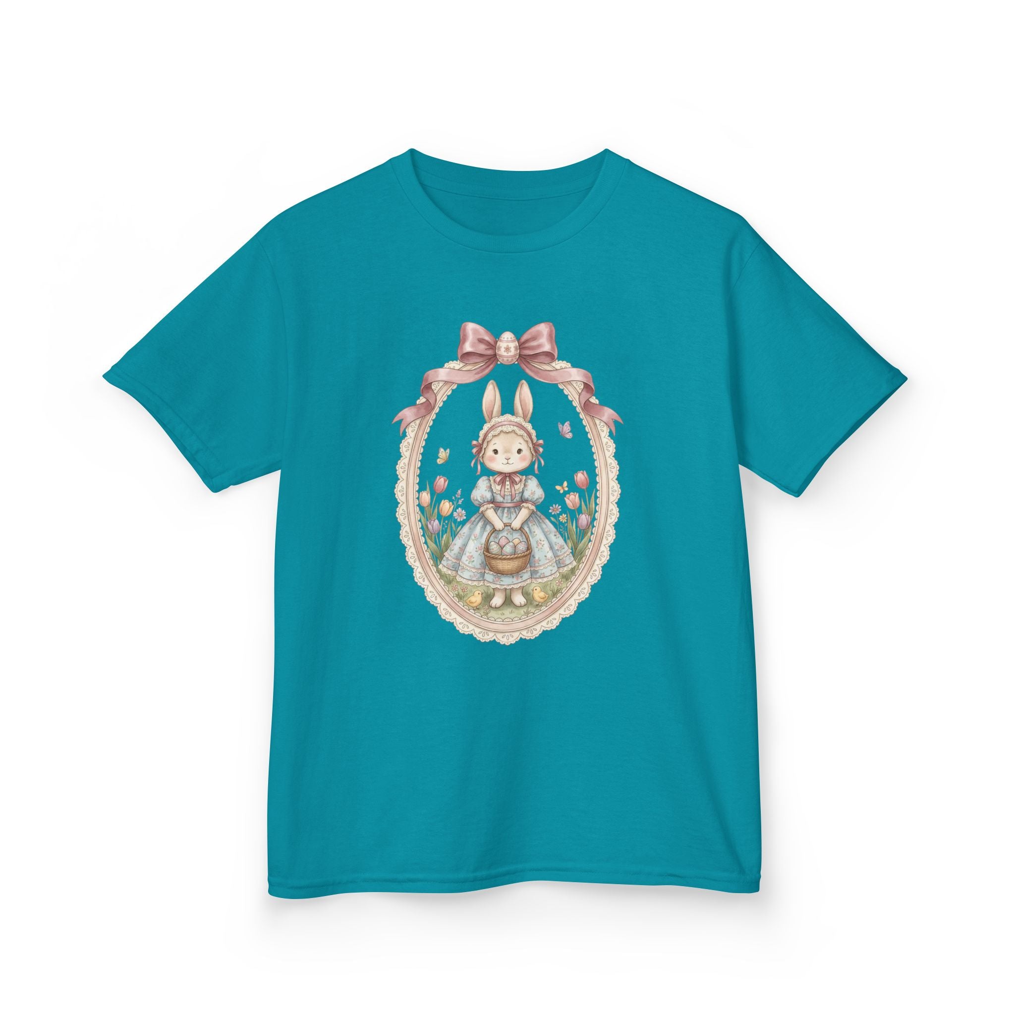 Kids T-Shirt — Vintage Bunny Girl Oval Portrait Tee (Pastel Floral, Bow Accent)