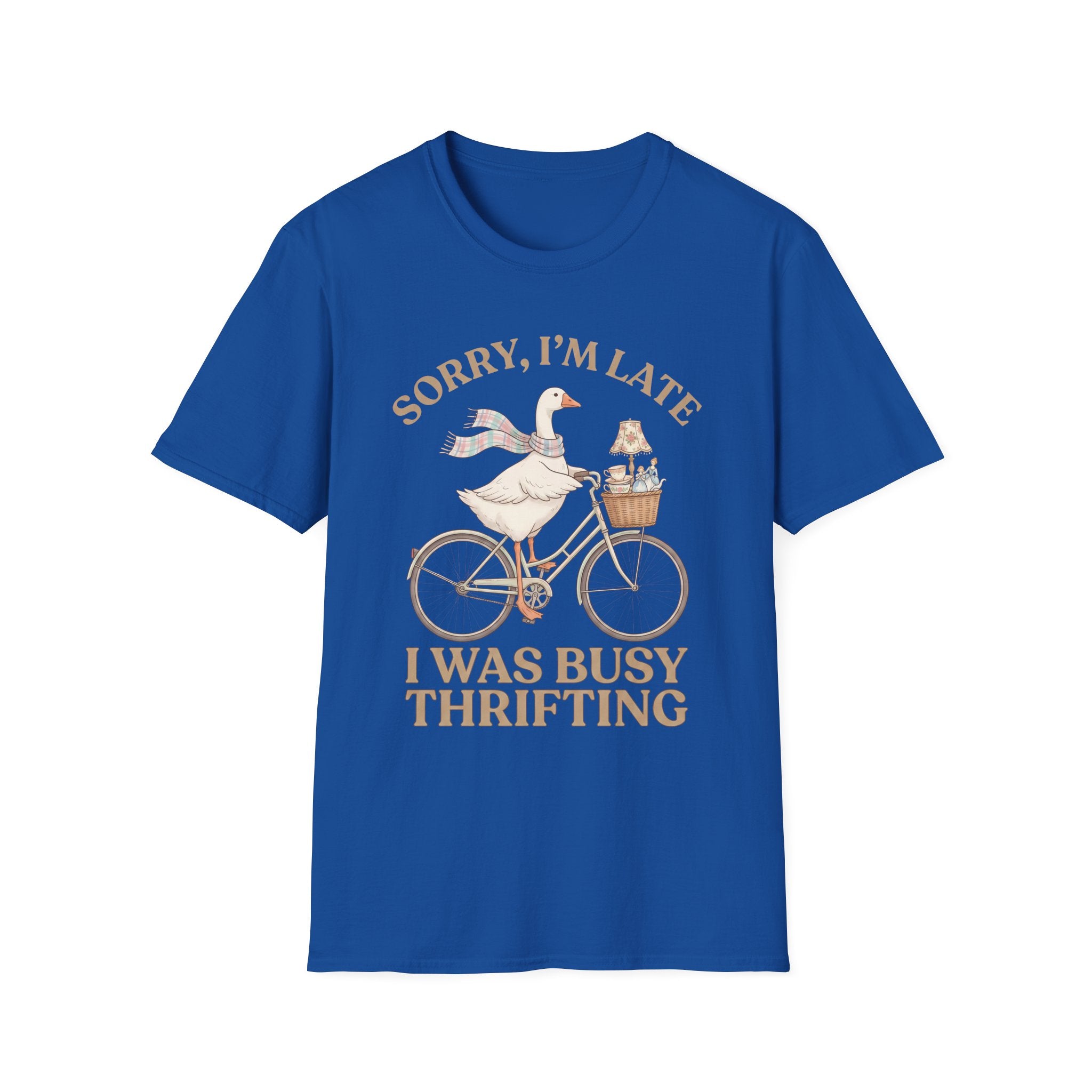 Thrifting Goose T‑Shirt — "Sorry I'm Late I Was Busy Thrifting" Vintage Bike Design