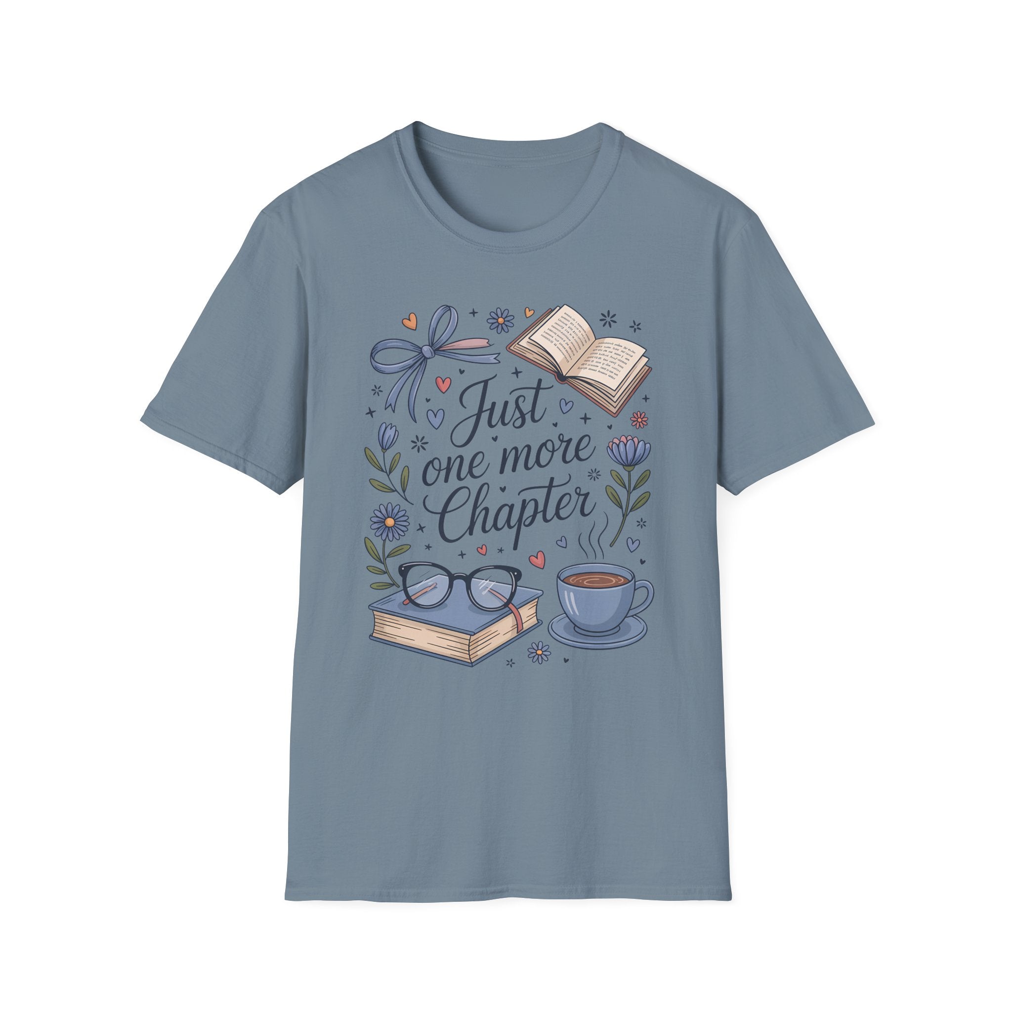 T-Shirt — "Just One More Chapter" Book Lover Tee with Glasses & Coffee