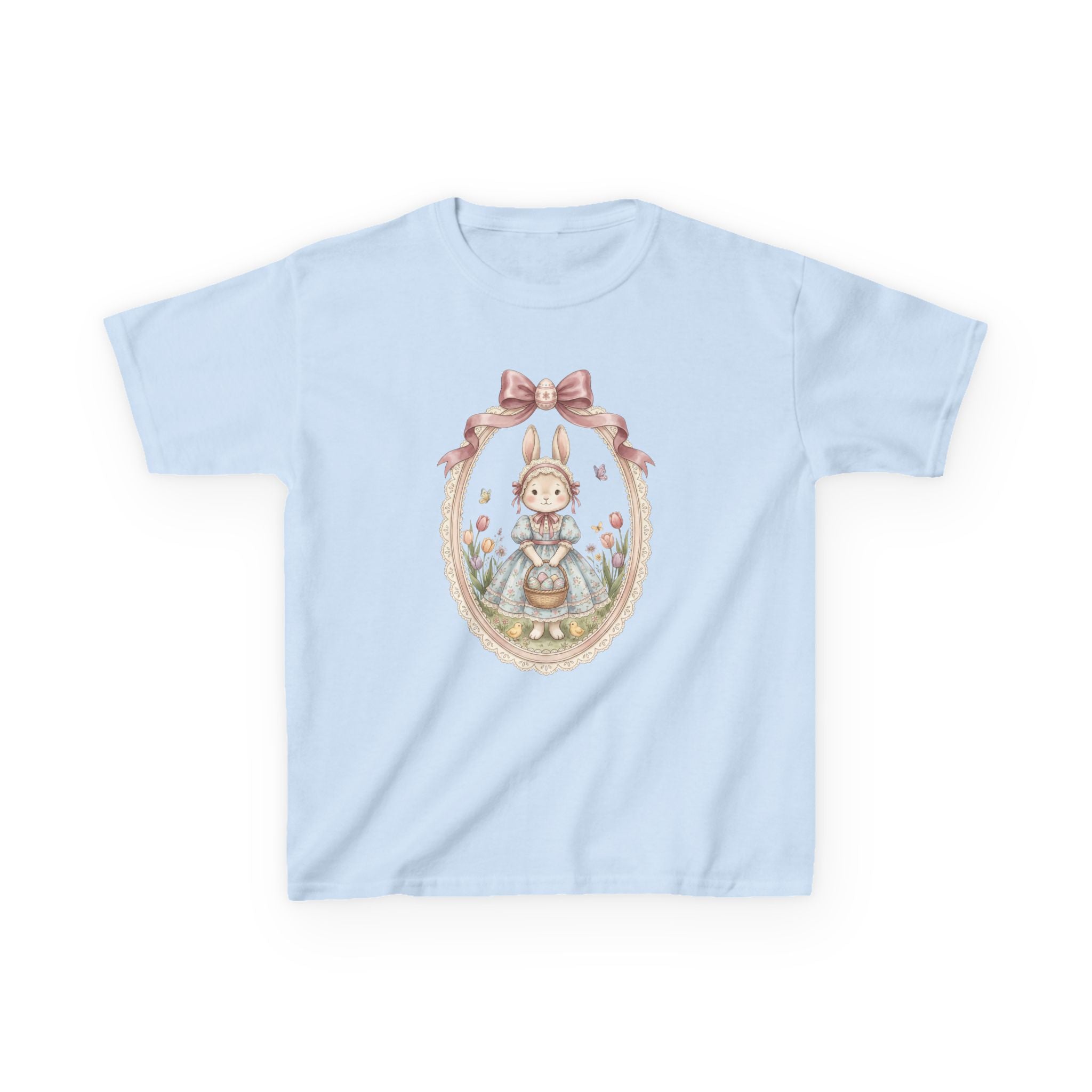 Kids T-Shirt — Vintage Bunny Girl Oval Portrait Tee (Pastel Floral, Bow Accent)