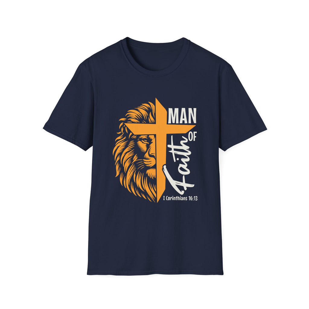 Man of Faith T-Shirt — Lion & Cross Christian Tee (1 Corinthians 16:13)