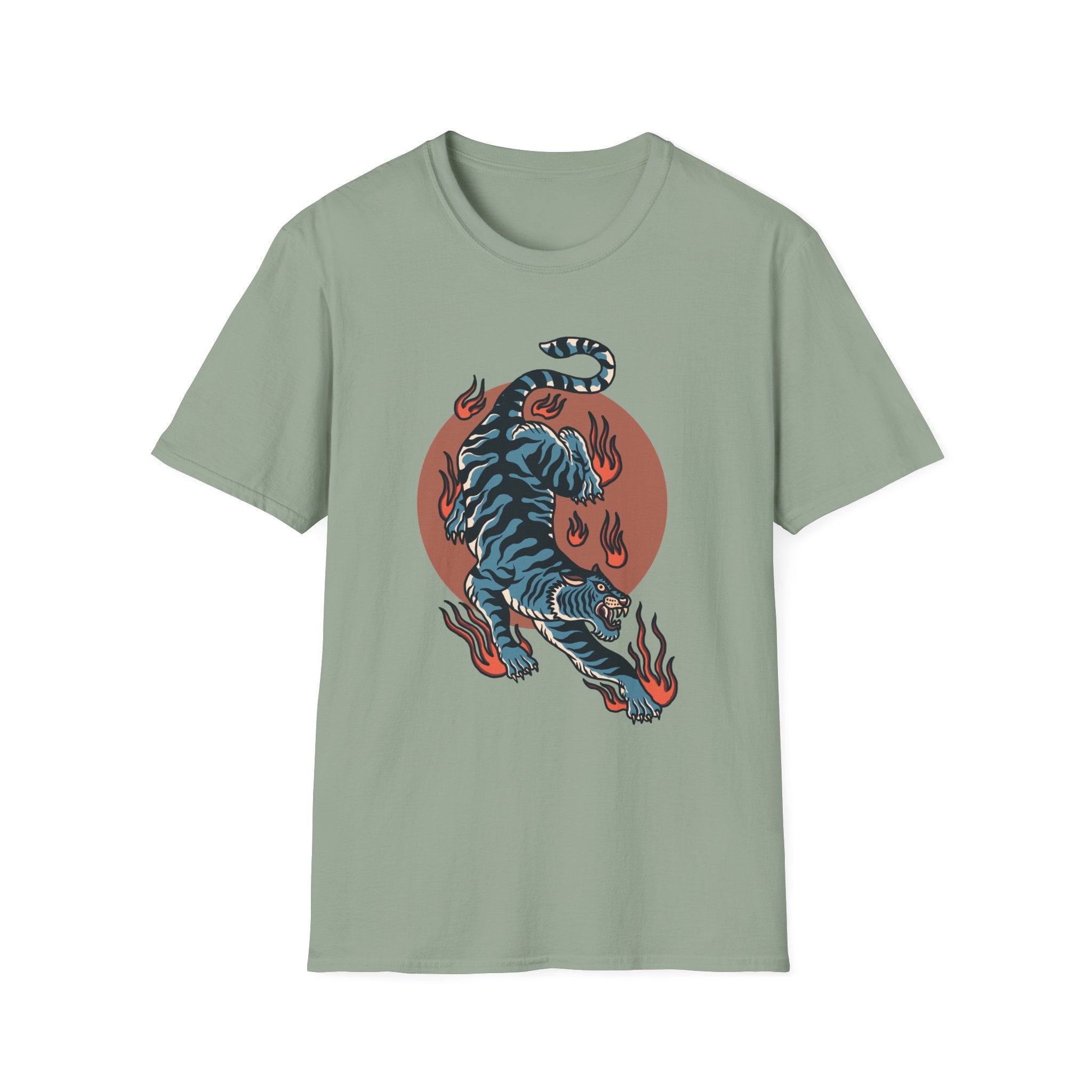 Tiger Blaze T-Shirt — Retro Flaming Tiger Graphic Tee